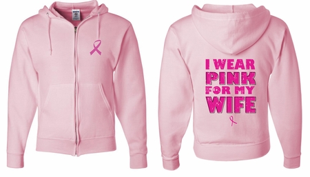 Mens Hoodie Pink Ribbon Pink For My Wife Front & Back Full Zip Hoody