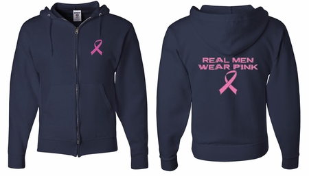 Mens Hoodie Pink Ribbon Real Men Front & Back Print Full Zip Hoody
