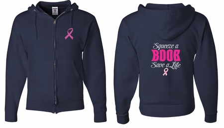 Mens Hoodie Pink Ribbon Save a Life Front & Back Print Full Zip Hoody
