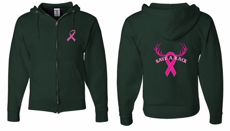 Mens Hoodie Pink Ribbon Save a Rack Front & Back Print Full Zip Hoody