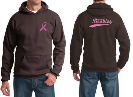 Mens Hoodie Pink Ribbon Save the Boobies Front & Back Print Hoody