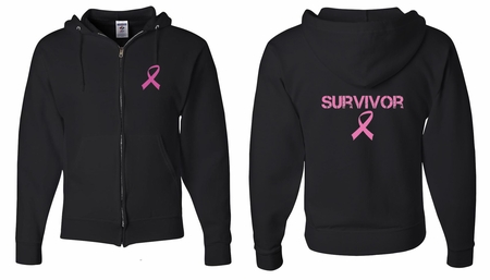 Mens Hoodie Pink Ribbon Survivor Front & Back Print Full Zip Hoody