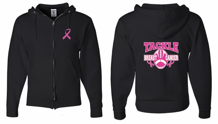 Mens Hoodie Pink Ribbon Tackle Cancer Front & Back Full Zip Hoody