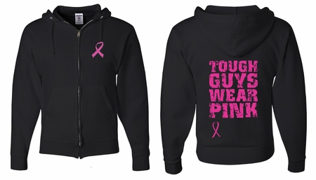 Mens Hoodie Pink Ribbon Tough Guys Front & Back Print Full Zip Hoody