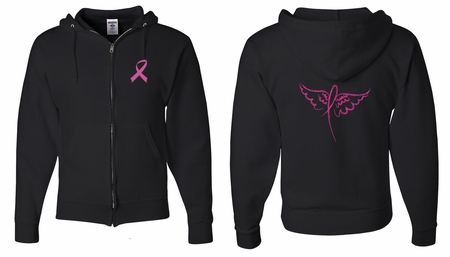Mens Hoodie Pink Ribbon Wings Front & Back Print Full Zip Hoody