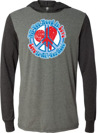 Mens Peace Shirt All You Need is Love Lightweight Hoodie Tee