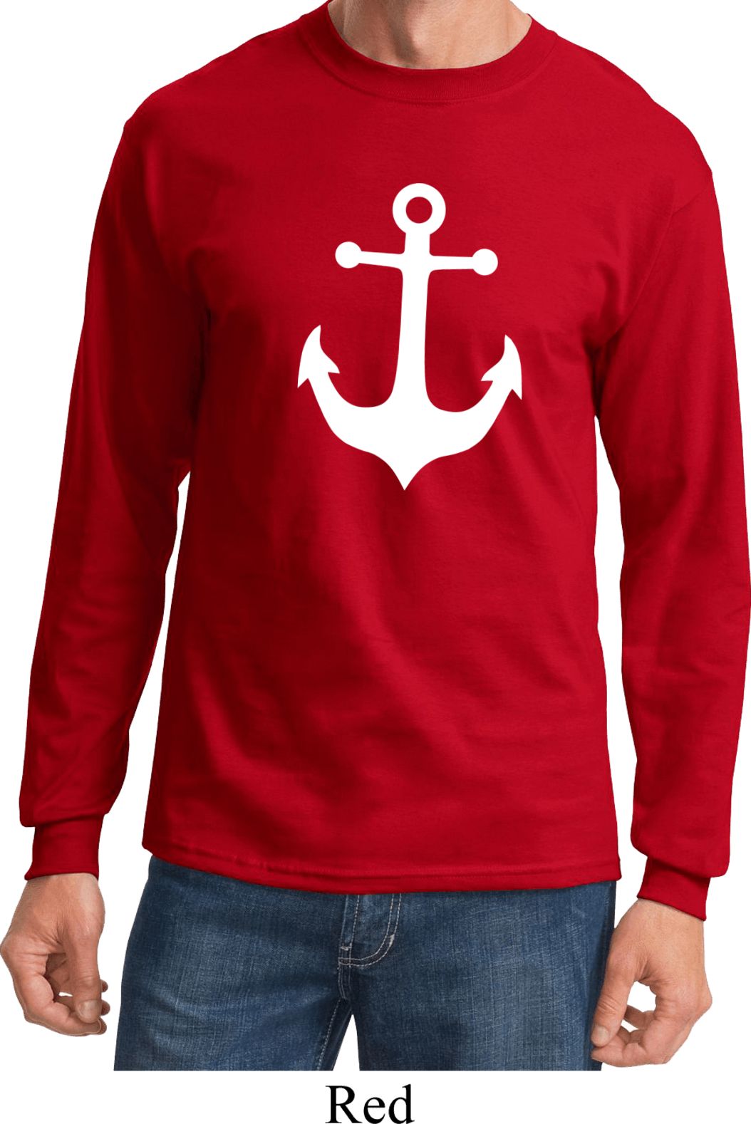 Mens Sailing Shirt White Anchor Long Sleeve Tee TShirt White Anchor