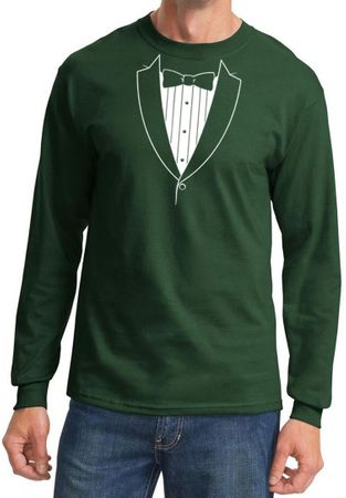 Mens Shirt Basic White Tuxedo Long Sleeve Tee T-Shirt