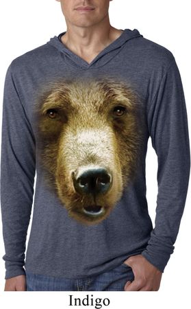 Mens Shirt Big Grizzly Bear Face Lightweight Hoodie Tee T-Shirt