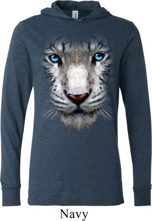 Mens Shirt Big White Tiger Face Lightweight Hoodie Tee