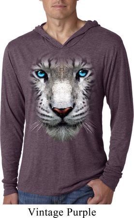 Mens Shirt Big White Tiger Face Lightweight Hoodie Tee T-Shirt