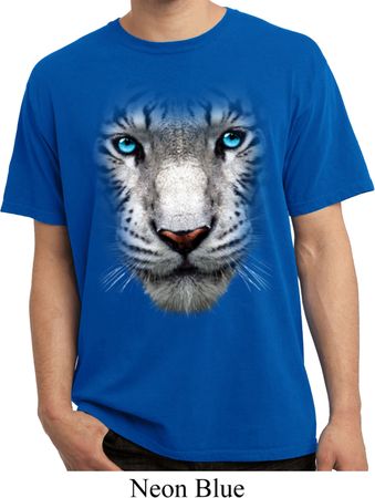 Mens Shirt Big White Tiger Face Pigment Dyed Tee T-Shirt
