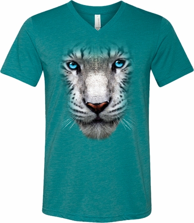 Mens Shirt Big White Tiger Face Tri Blend V-neck Tee T-Shirt