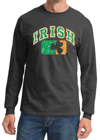 Mens Shirt Distressed Irish Shamrock Long Sleeve Tee T-Shirt