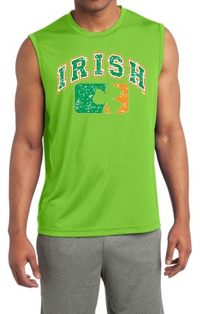 Mens Shirt Distressed Irish Shamrock Sleeveless Moisture Wicking Tee