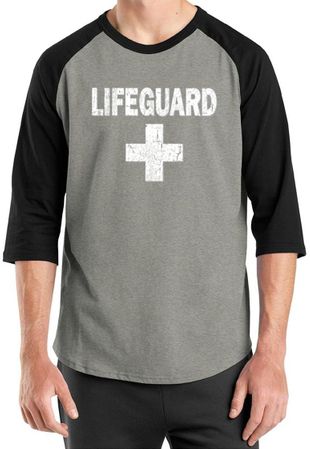 Mens Shirt Distressed Lifeguard Raglan Tee T-Shirt
