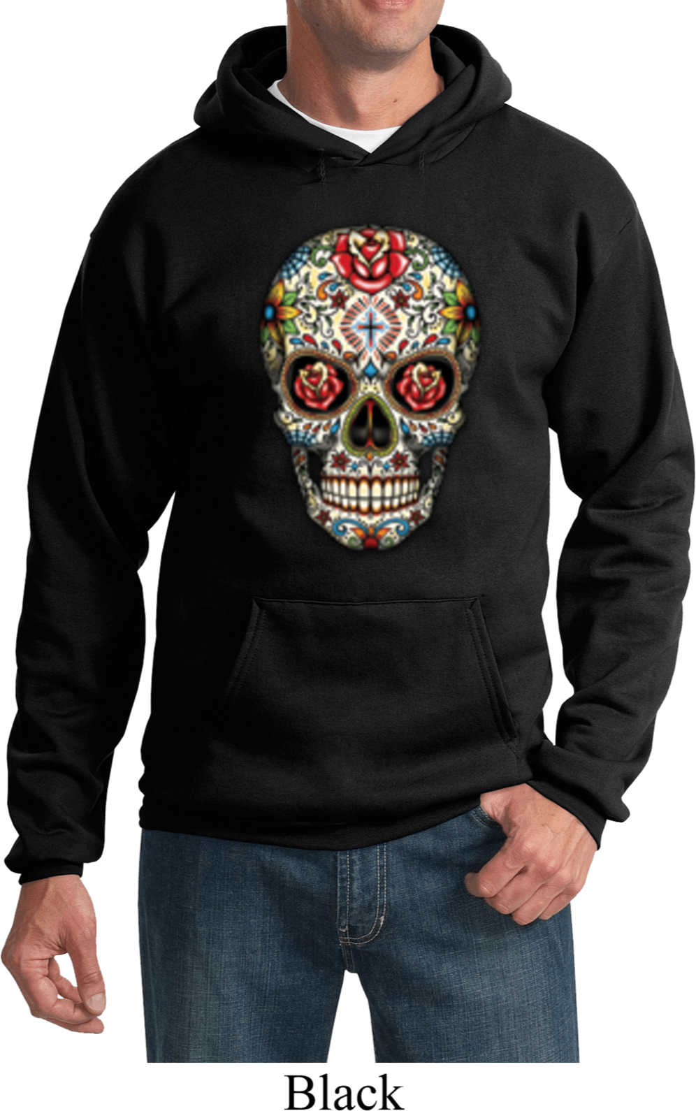 Mens Skull Hoodie Sugar Skull with Roses Hoody Sugar Skull with Roses