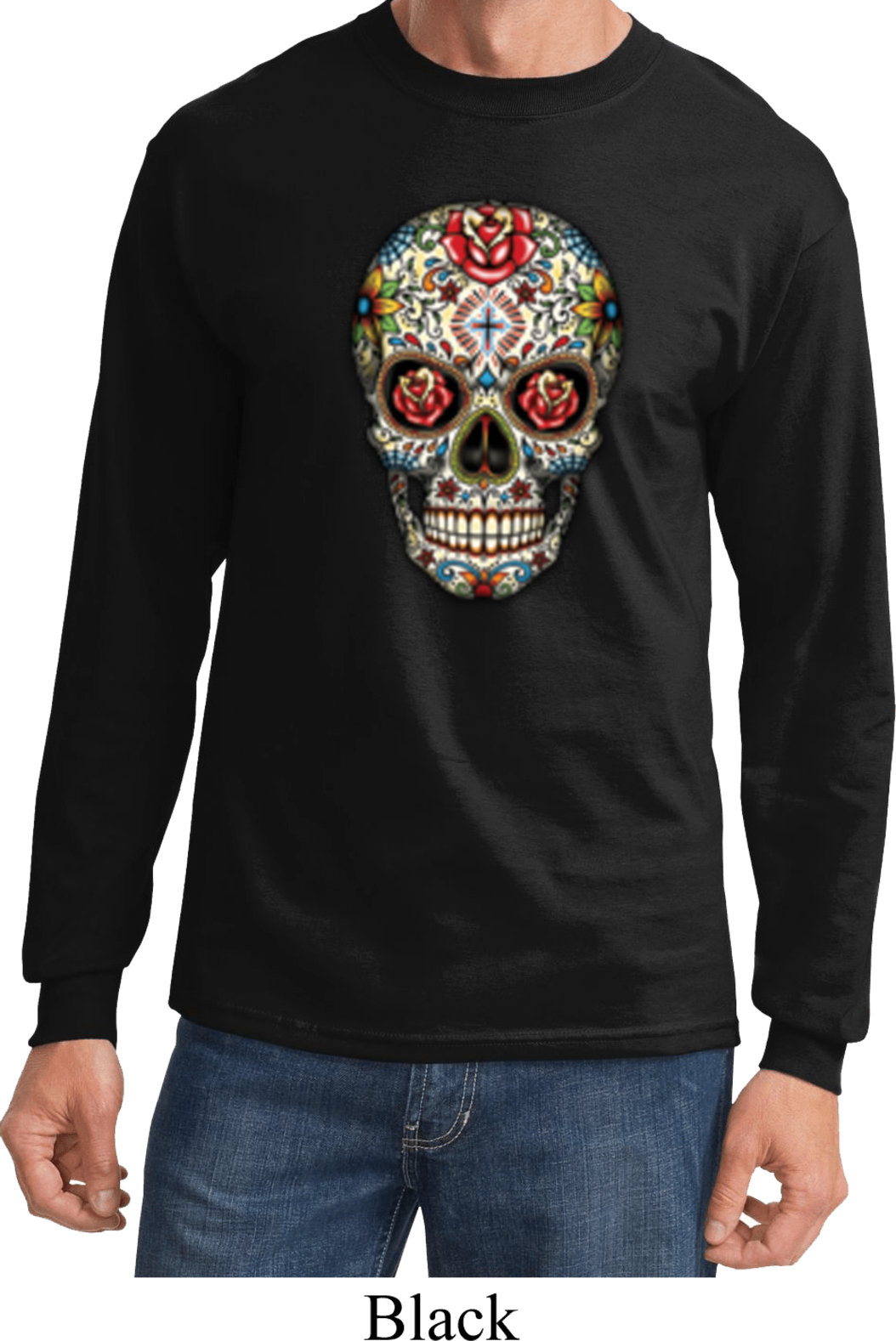 Mens Skull Shirt Sugar Skull with Roses Long Sleeve Tee T-Shirt - Sugar ...
