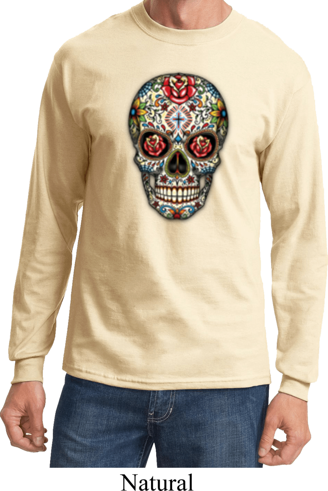 Mens Skull Shirt Sugar Skull with Roses Long Sleeve Tee T-Shirt - Sugar ...