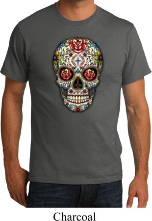 Mens Skull Shirt Sugar Skull with Roses Organic Tee T-Shirt