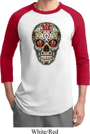 Mens Skull Shirt Sugar Skull with Roses Raglan Tee T-Shirt