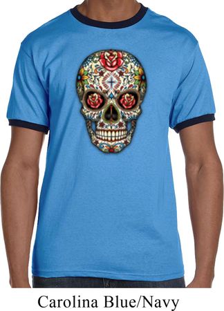 Mens Skull Shirt Sugar Skull with Roses Ringer Tee T-Shirt