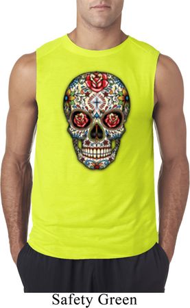 Mens Skull Shirt Sugar Skull with Roses Sleeveless Tee T-Shirt