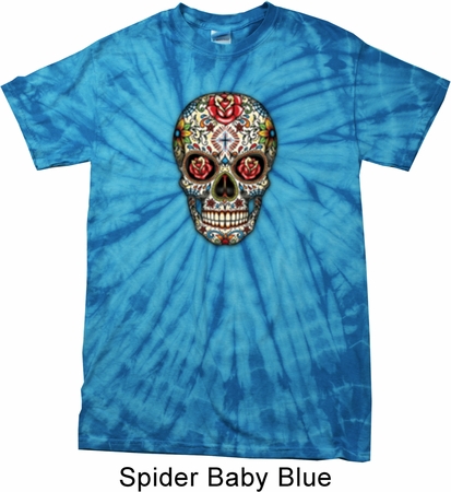 Mens Skull Shirt Sugar Skull with Roses Spider Tie Dye Tee T-shirt