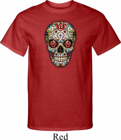 Mens Skull Shirt Sugar Skull with Roses Tall Tee T-Shirt