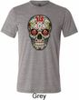 Mens Skull Shirt Sugar Skull with Roses Tri Blend Crewneck Tee T-Shirt