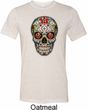 Mens Skull Shirt Sugar Skull with Roses Tri Blend Crewneck Tee T-Shirt
