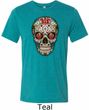 Mens Skull Shirt Sugar Skull with Roses Tri Blend Crewneck Tee T-Shirt