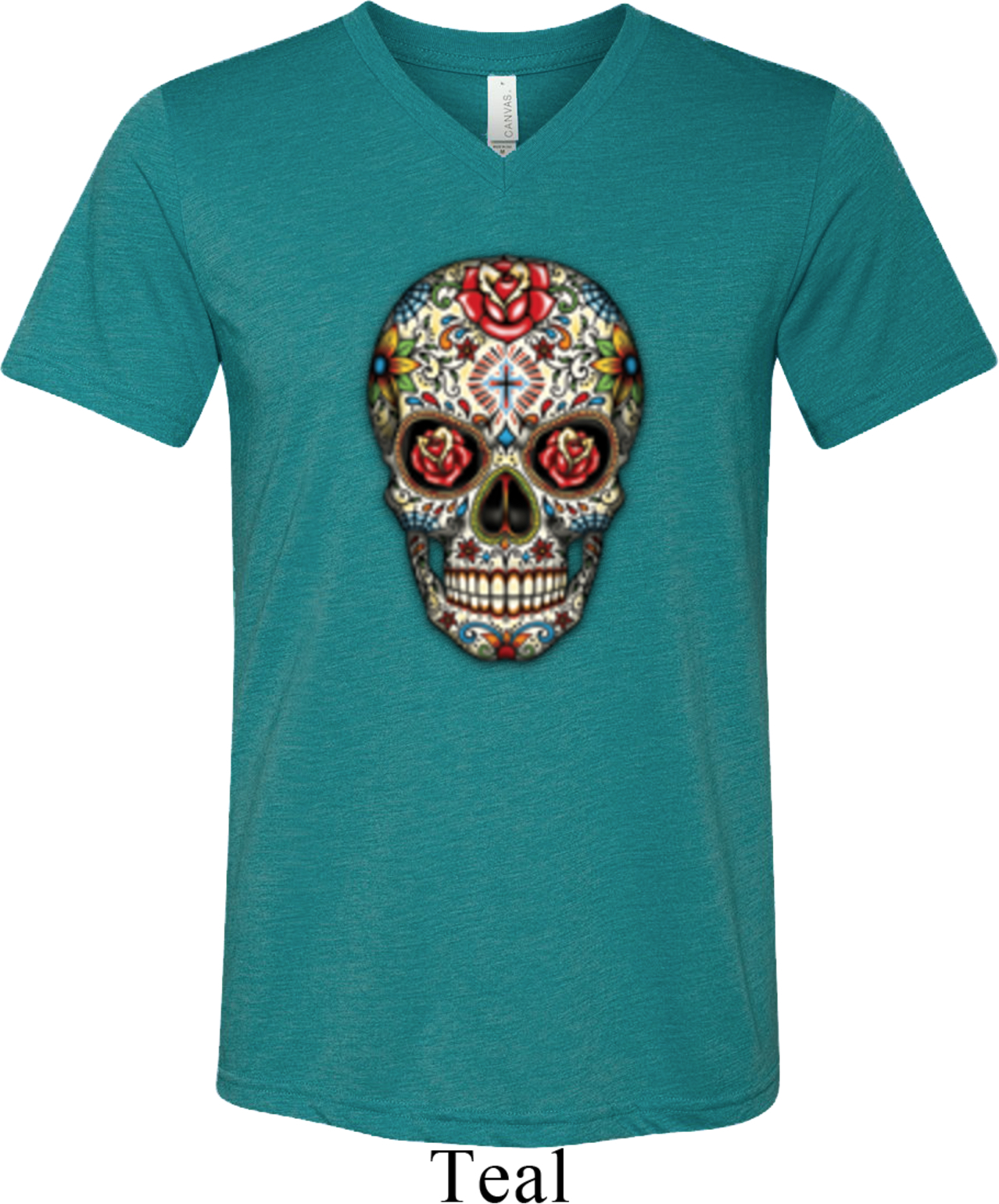 Mens Skull Shirt Sugar Skull with Roses Tri Blend Vneck Tee TShirt