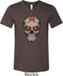 Mens Skull Shirt Sugar Skull with Roses Tri Blend V-neck Tee T-Shirt
