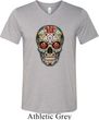 Mens Skull Shirt Sugar Skull with Roses Tri Blend V-neck Tee T-Shirt