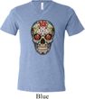 Mens Skull Shirt Sugar Skull with Roses Tri Blend V-neck Tee T-Shirt