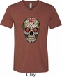 Mens Skull Shirt Sugar Skull with Roses Tri Blend V-neck Tee T-Shirt