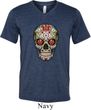 Mens Skull Shirt Sugar Skull with Roses Tri Blend V-neck Tee T-Shirt