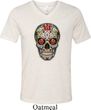 Mens Skull Shirt Sugar Skull with Roses Tri Blend V-neck Tee T-Shirt