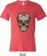 Mens Skull Shirt Sugar Skull with Roses Tri Blend V-neck Tee T-Shirt