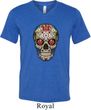 Mens Skull Shirt Sugar Skull with Roses Tri Blend V-neck Tee T-Shirt