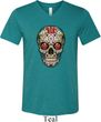 Mens Skull Shirt Sugar Skull with Roses Tri Blend V-neck Tee T-Shirt