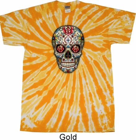 Mens Skull Shirt Sugar Skull with Roses Twist Tie Dye Tee T-shirt