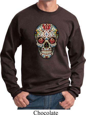 Mens Skull Sweatshirt Sugar Skull with Roses Sweat Shirt