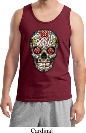 Mens Skull Tanktop Sugar Skull with Roses Tank Top