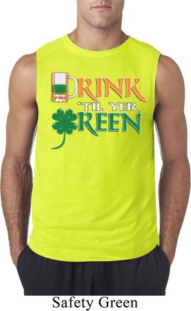 Mens St Patrick's Day Shirt Drink Til Yer Green Sleeveless Tee T-Shirt