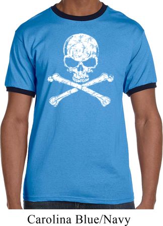Mens White Distressed Skull Ringer Shirt