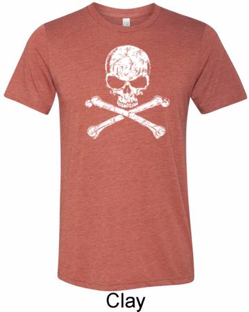 Mens White Distressed Skull Tri Blend Crewneck Shirt