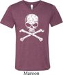 Mens White Distressed Skull Tri Blend V-neck Shirt