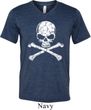 Mens White Distressed Skull Tri Blend V-neck Shirt